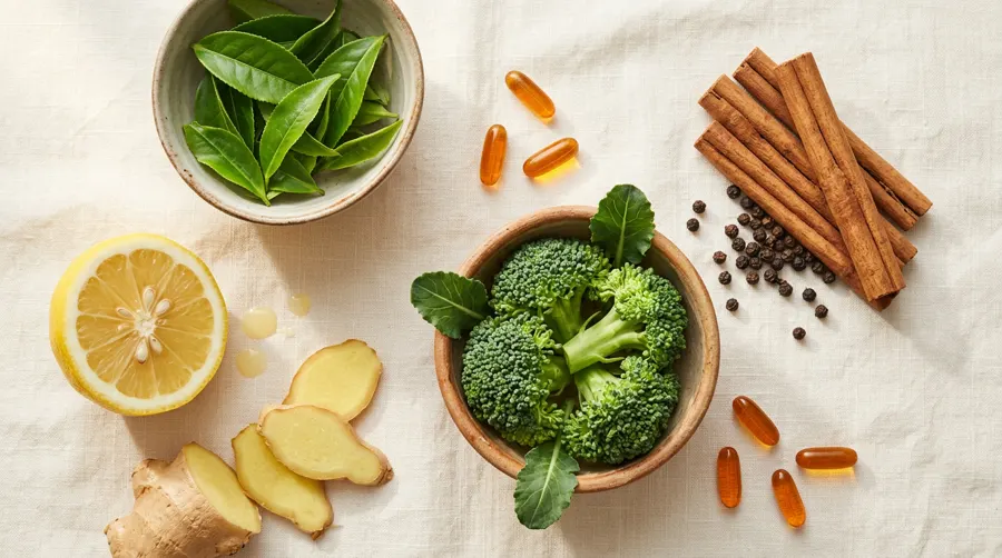Flat lay of green tea leaves, lemon, ginger, cinnamon, black pepper and broccoli beside orange capsules