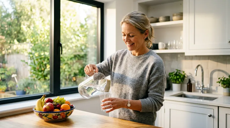Adult pouring a glass of water in a sunny kitchen next to a bowl of fresh fruit